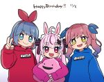  3girls alternate_costume animal_ears blue_eyes blue_hair blue_hoodie blue_ribbon blush closed_mouth colored_inner_hair dated fang frilled_hairband frills gradient_hair hair_ornament hair_ribbon hairband happy_birthday highres hikimayu holding holding_stuffed_toy hood hood_down hoodie indie_virtual_youtuber long_hair long_sleeves looking_at_viewer multicolored_hair multiple_girls omega_rei omega_rio omega_sisters open_mouth pink_eyes pink_hair pink_hoodie rabbit_ears rabbit_girl red_hairband red_hoodie redhead ribbon short_hair side-by-side simple_background skin_fang smile stuffed_toy sumikawa_(sumikawa8v) tomari_mari twintails upper_body v v-shaped_eyebrows virtual_youtuber white_background x_hair_ornament yellow_eyes 