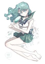  1girl absurdres back_bow bare_arms bare_legs barefoot bishoujo_senshi_sailor_moon blue_bow bow brooch choker circlet closed_mouth collarbone deep_aqua_mirror fingernails green_choker green_eyes green_hair green_sailor_collar green_skirt head_tilt highres holding holding_mirror jewelry kaiou_michiru long_hair looking_at_viewer loveodoro magical_girl miniskirt mirror no_gloves no_shoes pale_skin parted_bangs pleated_skirt sailor_collar sailor_neptune sailor_senshi_uniform signature skirt smile solo toenails wavy_hair white_background 