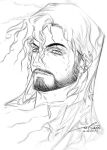  1boy absurdres beard_stubble dark-skinned_male dark_skin facial_hair greyscale highres light_frown long_hair looking_at_viewer male_focus mature_male monochrome okiii parted_lips portrait reverse:1999 shamane solo stubble thick_eyebrows tsurime wet 