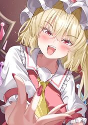  1girl :d ascot blonde_hair blurry blush brown_background commentary crossed_bangs crystal depth_of_field dutch_angle eyelashes eyes_visible_through_hair fang fingernails flandre_day flandre_scarlet foreshortening frilled_shirt_collar frills hair_between_eyes happy hat highres long_fingernails looking_at_viewer mahoro_(minase_mahoro) medium_hair mob_cap nail_polish one_side_up open_mouth outstretched_hand puffy_short_sleeves puffy_sleeves red_eyes red_nails red_vest shirt short_sleeves simple_background smile solo teeth touhou tsurime upper_body upper_teeth_only vest white_hat white_shirt wings yellow_ascot 