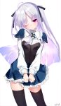  1girl absolute_duo ahoge breasts clenched_hands closed_mouth commentary_request highres long_hair looking_at_viewer one_eye_closed purple_hair shiromonefu signature simple_background small_breasts smile solo thigh-highs violet_eyes white_background yurie_sigtuna 