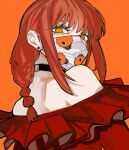  1girl bare_shoulders black_choker chainsaw_man character_print choker dress earrings highres jewelry looking_back makima_(chainsaw_man) mask mouth_mask off_shoulder orange_background pochita_(chainsaw_man) ponytail red_dress redhead ringed_eyes sailen0 single_earring yellow_eyes 
