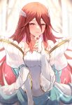  1girl blush bride_(fire_emblem) commentary_request cordelia_(bridal)_(fire_emblem) cordelia_(fire_emblem) dress fingernails fire_emblem fire_emblem_awakening fire_emblem_heroes hair_between_eyes hair_ornament highres jewelry long_hair nakabayashi_zun official_alternate_costume pink_nails red_eyes redhead revision ring smile solo very_long_hair wedding_dress white_dress wing_hair_ornament 