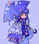  1girl bag_charm blue_background blue_bag blue_clouds blue_eyes blue_hair blue_scarf blue_sweater blue_theme blue_umbrella charm_(object) clouds constellation crescent_moon emily_kim from_behind full_moon gibbous_moon half_moon highres holding holding_umbrella liquid looking_back moon moon_phases original rain scarf simple_background sparkle sweater transparent_bag twitter_username umbrella 