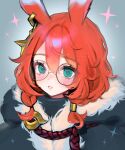  1girl animal_ears aurora_(league_of_legends) blue_eyes blush closed_mouth earrings english_commentary freckles fur_trim gradient_background grey_background hair_between_eyes highres jewelry league_of_legends loltinami long_hair looking_at_viewer orange_hair parted_lips rabbit_ears rabbit_girl round_eyewear sidelocks simple_background solo sparkle upper_body 