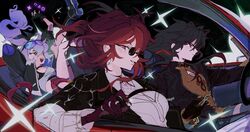  1boy 2girls black_background black_coat black_hair black_jacket blade_(honkai:_star_rail) car car_seat chinese_clothes coat collared_shirt convertible driving eyewear_on_head four-pointed_star gloves grin highres honkai:_star_rail honkai_(series) jacket kafka_(honkai:_star_rail) light_particles long_hair looking_at_viewer motor_vehicle multicolored_background multicolored_footwear multiple_girls open_mouth ponytail purple_gloves purple_hair red_car red_eyes round_eyewear shirt shoe_soles short-sleeved_jacket short_sleeves silver_wolf_(honkai:_star_rail) smile star_(symbol) strayuu violet_eyes white_background 