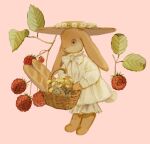  absurdres animal animal_focus baguette basket bloomers bow bowtie bread clothed_animal collared_dress commentary_request dandelion dress flower food frilled_dress frilled_sleeves frills fruit hat hat_flower high_collar highres holding holding_basket leaf long_sleeves no_humans original pink_background rabbit raspberry short_dress simple_background solo sun_hat tono_(rt0no) white_bloomers white_bow white_bowtie white_dress white_flower wide_brim yellow_flower yellow_hat 