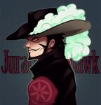  1boy beard black_hair character_name closed_mouth commentary corey_miller dracule_mihawk english_commentary facial_hair grey_background hat hat_feather jacket looking_at_viewer male_focus mustache one_piece popped_collar short_hair sideburns solo yellow_eyes 