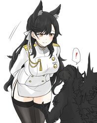  ! animal_ears atago_(azur_lane) azur_lane black_hair black_pantyhose breasts checkered_flag dog_ears extra_ears flag godzilla godzilla_(minus_one) godzilla_(series) godzilla_minus_one highres ibuki_(tulta_icon) large_breasts light_blush looking_down military_uniform miniskirt mole mole_under_eye official_alternate_costume orange_eyes pantyhose ribbon shrug_(clothing) skirt smile swept_bangs uniform white_ribbon 