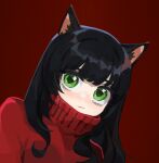  1girl animal_ears black_hair cat_ears cat_girl closed_mouth commentary gentlecat green_eyes highres long_hair original photo-referenced red_background red_sweater simple_background solo sweater symbol-only_commentary turtleneck turtleneck_sweater upper_body 
