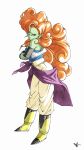  1girl blue_eyes colored_skin curly_hair dragon_ball dragon_ball_z earrings green_skin highres jewelry kakeru_(dbskakeru) long_hair necklace orange_hair pointy_ears simple_background smile solo vest white_background zangya 