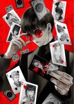  1boy ace_(playing_card) ace_of_spades adjusting_eyewear agatha_(jukkakukan_no_satsujin) bishounen black_hair broken_eyewear brown_nails card carr_(jukkakukan_no_satsujin) eight_of_diamonds_(playing_card) eight_of_hearts ellery_(jukkakukan_no_satsujin) five_of_clubs formal four_of_hearts four_of_spades highres holding holding_card jack_(playing_card) jack_of_spades jacket joker_(playing_card) jukkakukan_no_satsujin kawaminami_akira king_(playing_card) king_of_clubs kiyohara_hiro leroux_(jukkakukan_no_satsujin) limited_palette long_bangs long_sleeves looking_at_viewer male_focus mole mole_under_mouth nail_polish official_art orczy_(jukkakukan_no_satsujin) pale_skin playing_card poe_(jukkakukan_no_satsujin) queen_(playing_card) queen_of_diamonds red-tinted_eyewear red_background round_eyewear seven_of_diamonds shimada_kiyoshi short_hair solo spade_(shape) suit tinted_eyewear turtleneck van_(jukkakukan_no_satsujin) 