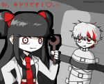  1boy 1girl annoyed artist_name bags_under_eyes black_hair black_thighhighs clenched_teeth closed_mouth coat crossed_arms gloves grey_background hair_ribbon holding igaku_(utau) jitome lab_coat long_hair looking_at_viewer messy_hair multicolored_hair necktie ramdaram red_eyes red_necktie red_ribbon red_skirt red_streaks ribbon short_hair short_twintails signature simple_background skirt smile straitjacket streaked_hair teeth thigh-highs twintails twitter twitter_username two_side_up unhappy unkempt very_long_hair white_coat white_hair wrench 