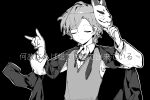  1boy black_background blazer closed_eyes closed_mouth collared_shirt commentary_request danganronpa_(series) dated_commentary expressionless fox_mask greyscale hand_gesture hand_on_mask highres jacket jacket_on_shoulders light_frown long_sleeves male_focus mask mask_on_head messy_hair monochrome necktie outline shirt short_hair simple_background solo spoilers super_danganronpa_another_2 sweater_vest translation_request undone_necktie upper_body utsuro_(danganronpa_another) uyu_(pixiv_92484260) v-neck white_outline 