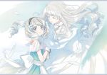  2girls bad_id bad_twitter_id blue_dress blue_eyes blush cardcaptor_sakura closed_eyes commentary_request dress drill_hair feathers floating_hair ghost grey_hair hair_ornament hairband hug jewelry long_hair looking_at_viewer mother_and_daughter multiple_girls necklace rii2a77ru shinomoto_akiho shinomoto_lilie smile white_dress white_hair 