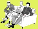  3boys ace_of_diamond baseball baseball_(object) belt buzz_cut character_request couch crossed_legs egg_(cknlun) figure_four_sitting glasses hand_on_own_knee head_rest looking_at_viewer male_focus miyuki_kazuya multiple_boys pants shirt shoes short_hair sitting spot_color striped_clothes striped_shirt very_short_hair yellow_background 
