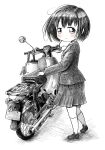  absurdres ahoge black_eyes black_hair blush bob_cut gotthi greyscale helmet highres honda honda_super_cub ink_(medium) koguma_(super_cub) long_sleeves looking_at_viewer looking_back messy_hair mirror monochrome moped motor_vehicle motorcycle motorcycle_helmet school_uniform scooter short_hair skirt super_cub traditional_media 