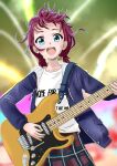  1girl absurdres blue_eyes blue_jacket chromatic_aberration commentary_request floating_hair girls_band_cry highres holding holding_plectrum iiko_(mesida) iseri_nina jacket long_sleeves looking_at_viewer open_clothes open_jacket open_mouth playing_guitar plectrum red_skirt redhead shirt short_twintails skirt smile solo twintails upper_body white_shirt 