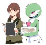  2girls artist_name blush blush_stickers bob_cut brown_hair collarbone colored_skin commentary_request crossover dated eye_contact flat_chest gardevoir green_hair green_sailor_collar green_shirt green_skin green_skirt hair_over_one_eye hands_up happy holding holding_paper kantai_collection long_hair long_sleeves looking_at_another mochisaka_mitsuki multicolored_skin multiple_girls one_eye_covered ooi_(kancolle) open_mouth paper paper_stack pleated_skirt pokemon pokemon_(creature) red_eyes sailor_collar school_uniform serafuku shirt short_hair signature simple_background skirt smile standing two-tone_skin upper_body white_background white_skin 