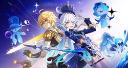  1boy 1girl :d absurdres aether_(genshin_impact) ahoge arm_up ascot asymmetrical_gloves black_gloves black_pants black_shirt blonde_hair blue_ascot blue_eyes blue_hair blue_hat blue_jacket braid commentary cowboy_shot drop-shaped_pupils earrings furina_(genshin_impact) genshin_impact gentilhomme_usher gloves hair_between_eyes hat heterochromia highres holding holding_sword holding_weapon jacket jewelry jiachong_jun_z kodona light_blue_hair lolita_fashion long_hair looking_at_viewer looking_back mademoiselle_crabaletta mismatched_gloves multicolored_hair pants shirt shorts single_braid smile splendor_of_tranquil_waters_(genshin_impact) streaked_hair surintendante_chevalmarin sword symbol-shaped_pupils thigh_strap very_long_hair vision_(genshin_impact) weapon white_gloves white_hair white_shorts yellow_eyes 