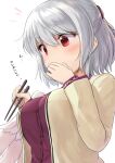  1girl artist_request blush breasts buttons chopsticks feathered_wings from_below hair_between_eyes hair_ornament hand_to_own_mouth hands_up holding holding_chopsticks jacket kishin_sagume large_breasts long_sleeves looking_to_the_side nose red_eyes short_hair simple_background single_wing solo touhou translated upper_body white_background wings 