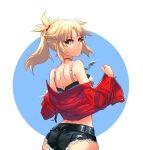  1girl absurdres ass blonde_hair breasts cropped_jacket ctx9 denim denim_shorts fate/grand_order fate_(series) green_eyes hair_ornament hair_scrunchie half_up_braid highres jacket jewelry long_hair long_sleeves looking_at_viewer looking_back micro_shorts mordred_(fate) mordred_(fate/apocrypha) mordred_(memories_at_trifas)_(fate) necklace open_clothes open_jacket parted_bangs ponytail red_jacket red_scrunchie scrunchie shorts small_breasts solo 