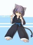  1girl animal_ear_fluff animal_ears barefoot belt black_pants blue_background blue_belt blush cat_ears cat_girl cat_tail chinese_commentary closed_mouth commentary_request double_v dougi flying_sweatdrops full_body green_eyes highres karate kuma-bound looking_at_viewer martial_arts_belt medium_hair original pants purple_hair simple_background soles solo tail toes two-tone_background v white_background 