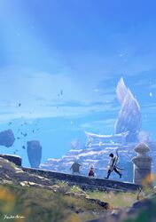  2others blue_sky bow_(weapon) character_request cliff clouds cloudy_sky creature day final_fantasy final_fantasy_xiv floating grass highres multiple_others plant scenery signature sky weapon yabuka_shiwa 