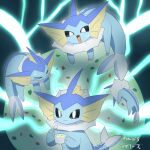  &gt;_&lt; black_sclera blue_background bowl brain_freeze colored_sclera commentary_request food holding holding_bowl holding_spoon ice_cream lets0020 lightning no_humans pokemon pokemon_(creature) spoon translation_request vaporeon 