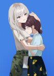  2girls bei_chelun_de_daquan_yangcong_anakin black_skirt blue_background blue_shirt blush bracelet brown_hair camouflage camouflage_jacket chinese_commentary closed_eyes clothes_around_waist commentary_request crying crying_with_eyes_open girls_band_cry grey_eyes grey_hair hand_on_another&#039;s_head highres hug iseri_nina jacket jacket_around_waist jewelry kawaragi_momoka multicolored_hair multiple_girls parted_lips roots_(hair) shirt short_sleeves short_twintails simple_background skirt tears twintails white_shirt 