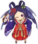  1girl blush butterfly_wings closed_mouth commentary_request full_body hair_ribbon hair_rings head_wings holding holding_instrument insect_wings instrument japanese_clothes kimono kochou_no_sei_(onmyoji) lets0020 long_hair looking_at_viewer okobo one_eye_closed onmyoji parted_bangs pointy_ears purple_hair purple_wings red_ribbon red_skirt ribbon sandals simple_background skirt smile solo standing tambourine violet_eyes white_background white_kimono wide_sleeves wings 