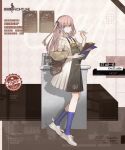  1girl apron blue_eyes blue_necktie blue_socks brown_background brown_jacket character_name clipboard closed_mouth coffee_maker coffee_mug commentary copyright_name cup english_commentary english_text expressionless full_body girls_frontline green_apron hair_ornament highres holding holding_clipboard holding_menu holding_pen jacket kneehighs light_brown_hair long_hair long_skirt looking_at_viewer menu menu_board mug multicolored_background multicolored_hair necktie off_shoulder official_alternate_costume official_art one_side_up pen plaid plaid_shirt promotional_art second-party_source shirt shoes short_necktie short_sleeves simple_background skirt socks solo st_ar-15_(girls&#039;_frontline) st_ar-15_(owl_latte)_(girls&#039;_frontline) standing streaked_hair umo_(mica_team) waitress white_background white_footwear white_shirt white_skirt 