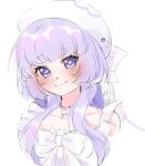  +_+ 1girl beret blush bow closed_mouth commentary cropped_torso dot_nose dress frilled_dress frilled_sleeves frills hashtag-only_commentary hat jewelry leech_(leecchie) long_sidelocks looking_at_viewer necklace nexas_(vtuber) purple_hair short_sleeves sketch smile solo violet_eyes virtual_youtuber white_background white_bow white_dress white_hat 