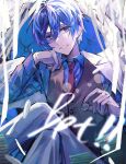  1boy blue_eyes blue_hair chair coin colored_eyelashes commentary_request crossed_legs english_text grin hand_on_own_cheek hand_on_own_face highres kaito_(vocaloid) long_sleeves male_focus necktie nidu_(2du_du) pants poker_chip short_hair sitting smile suit vocaloid 