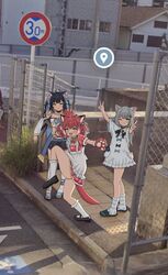  3girls absurdres akami_karubi animal_ears animal_hands apron black_hair blue_eyes cat_ears cat_girl chain-link_fence character_request double_v dress fence gloves google_street_view grey_hair high_school_girls_posing_for_google_street_view_(meme) highres indie_virtual_youtuber loafers long_hair meme minami_(minami_summer) multiple_girls nachoneko one_eye_closed paw_gloves photo_background red_dress redhead shoes sidewalk socks standing standing_on_one_leg v white_apron white_dress white_socks yellow_eyes 