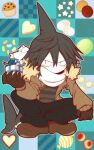  1boy black_gloves black_pants blue_background blue_hair box brown_footwear brown_jacket buttons candy colored_skin cookie cupcake dot_nose fins fish_tail food funamusea funamusea_(artist) fur-trimmed_jacket fur_trim gift gift_box gloves grey_shirt hair_between_eyes head_fins heart holding holding_gift jacket jelly_bean light_blush looking_at_viewer macaron male_focus no_mouth oounabara_to_wadanohara open_clothes open_jacket pants patterned_background promotional_art samekichi_(funamusea) scarf shark_boy shark_fin shark_tail shirt slit_pupils solo squatting star_(symbol) striped_clothes striped_shirt tail valentine white_scarf white_skin 