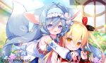  2girls :d angelic_link animal_ear_fluff animal_ears belt belt_buckle blonde_hair blue_bow blue_hairband blue_sailor_collar blurry blurry_background bow brown_belt brown_eyes buckle building day depth_of_field detached_sleeves dress flower grey_eyes grey_hair hair_between_eyes hair_ornament hair_ribbon hairband hug hug_from_behind long_sleeves multiple_girls official_art one_side_up outdoors puffy_long_sleeves puffy_sleeves ribbon rose sailor_collar sailor_dress sleeveless sleeveless_dress sleeves_past_wrists smile star_(symbol) star_hair_ornament tail usashiro_mani white_dress white_flower white_rose white_sleeves window yellow_ribbon 