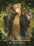  1boy atou_haruki black_jacket blackfish blonde_hair boots brown_sweater character_name chinese_commentary commentary_request cowboy_boots cowboy_shot english_text grey_pants hands_up happy_birthday highres jacket long_sleeves male_focus open_clothes open_jacket pants red_eyes ribbed_sweater saibou_shinkyoku short_hair smile solo sweater turtleneck turtleneck_sweater 
