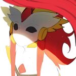  1girl black_eyes colored_skin dubu_(dubus2) highres horns kindred_(league_of_legends) lamb_(league_of_legends) league_of_legends long_hair no_mouth red_horns redhead shadowfire_kindred solo upper_body white_skin 