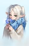  1girl artist_name blue_background blue_flower blue_scarf closed_mouth coat dated elf expressionless flower frieren from_side green_eyes highres holding holding_flower kobutanori light_blush long_sleeves looking_at_viewer looking_to_the_side own_hands_together parted_bangs pointy_ears scarf sidelocks signature solo sousou_no_frieren thick_eyebrows twintails upper_body vignetting w_arms white_coat white_hair 