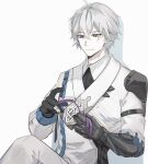  1boy black_gloves blue_eyes coat gloves gradient_background green_background hair_between_eyes highres leaf long_sleeves looking_at_viewer male_focus parted_lips short_hair solo tian_lang_(tower_of_fantasy) tower_of_fantasy upper_body white_coat white_hair 