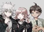  1girl 2boys :o ahoge black_jacket black_shirt breast_pocket breasts brown_hair danganronpa_(series) danganronpa_2:_goodbye_despair dress_shirt galaga green_jacket green_necktie grey_hair grey_shirt hair_ornament hinata_hajime ikemen&#039;na_ore-shi jacket komaeda_nagito large_breasts long_sleeves medium_hair multiple_boys nanami_chiaki neck_ribbon necktie open_clothes open_jacket own_hands_together pink_eyes pocket print_shirt ribbon shirt teeth upper_body upper_teeth_only 