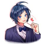  1boy absurdres black_vest blue_bow blue_bowtie blue_eyes blue_hair blue_jacket blush bow bowtie collared_shirt commentary cropped_torso diagonal_bangs dress_shirt food formal fruit highres holding holding_food jacket kokuhaku_jikkou_iinkai lapels long_sleeves looking_at_viewer male_focus notched_lapels open_mouth pinstripe_pattern pinstripe_shirt pocky shirt short_hair simple_background smile solo someya_yuujirou sophia_pie_12 strawberry suit teeth three-piece_suit vest waistcoat white_background white_shirt 