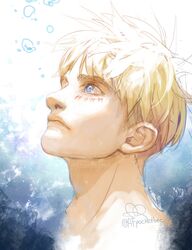  1boy armin_arlert blonde_hair blue_background blue_eyes bubble closed_mouth expressionless gradient_background highres looking_up male_focus nude pocketbee portrait scar scar_on_face shingeki_no_kyojin short_hair solo spoilers titan_shifter_scars two-tone_background white_background 