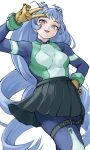  1girl :p absurdres blue_bodysuit blue_eyes blue_hair bodysuit boku_no_hero_academia fengling_(furin-jp) gloves green_bodysuit green_skirt hadou_nejire hand_up highres long_hair looking_at_viewer multicolored_bodysuit multicolored_clothes simple_background skirt solo tongue tongue_out v white_background yellow_gloves 