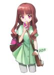  1girl bag bow brown_bag brown_hair closed_mouth cropped_legs dated digimon digimon_ghost_game eyelashes fon-due_(fonfon) green_shirt grey_pants hair_bow handbag holding holding_phone long_shirt pants phone pink_bow pink_eyes shirt short_sleeves signature smile tsukiyono_ruli 