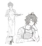  1boy 1other absurdres ahoge apron bishounen bracelet cat coffee coffee_cup commentary commentary_request cup disposable_cup full_body granblue_fantasy greyscale hair_between_eyes hand_on_own_chin highres holding holding_tray jewelry light_smile male_focus messy_hair monochrome multiple_views osamu_(jagabata) sandalphon_(granblue_fantasy) sandalphon_(server_of_a_sublime_brew)_(granblue_fantasy) shirt short_hair sketch solo_focus striped_clothes striped_shirt tray unfinished vertical-striped_clothes vertical-striped_shirt white_background 