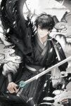  black_hair black_headband black_robe closed_mouth dilated_pupils dragon headband highres holding holding_sword holding_weapon long_sleeves male_focus omniscient_reader&#039;s_viewpoint robe short_hair sonakbe_33 sword two-tone_background weapon white_background yoo_joonghyuk 