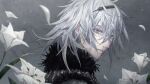  1boy blurry blurry_background coat colored_eyelashes commentary flower fur-trimmed_coat fur_trim grey_background grey_eyes hair_between_eyes highres male_focus nier nier_(brother) nier_(series) parted_lips setsumushi solo upper_body white_flower white_hair 