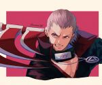  1boy character_request grey_hair hidan_(naruto) jacket male_focus naruto_(series) open_clothes scythe simple_background smile solo unno_24 upper_body violet_eyes white_hair 